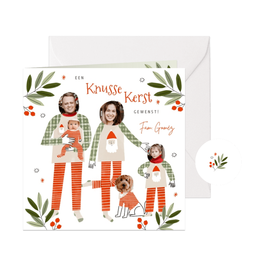 Knusse kerstkaart familie pyjama's met foto's - Kaartimpressie