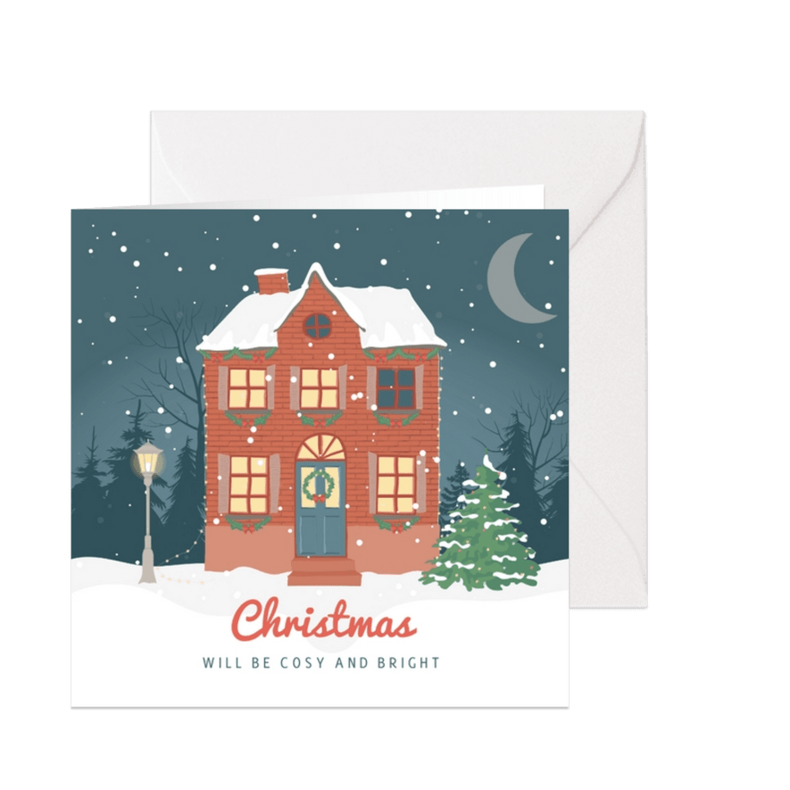 Knusse kerstkaart met illustratie van een versierd huis - Kaartimpressie