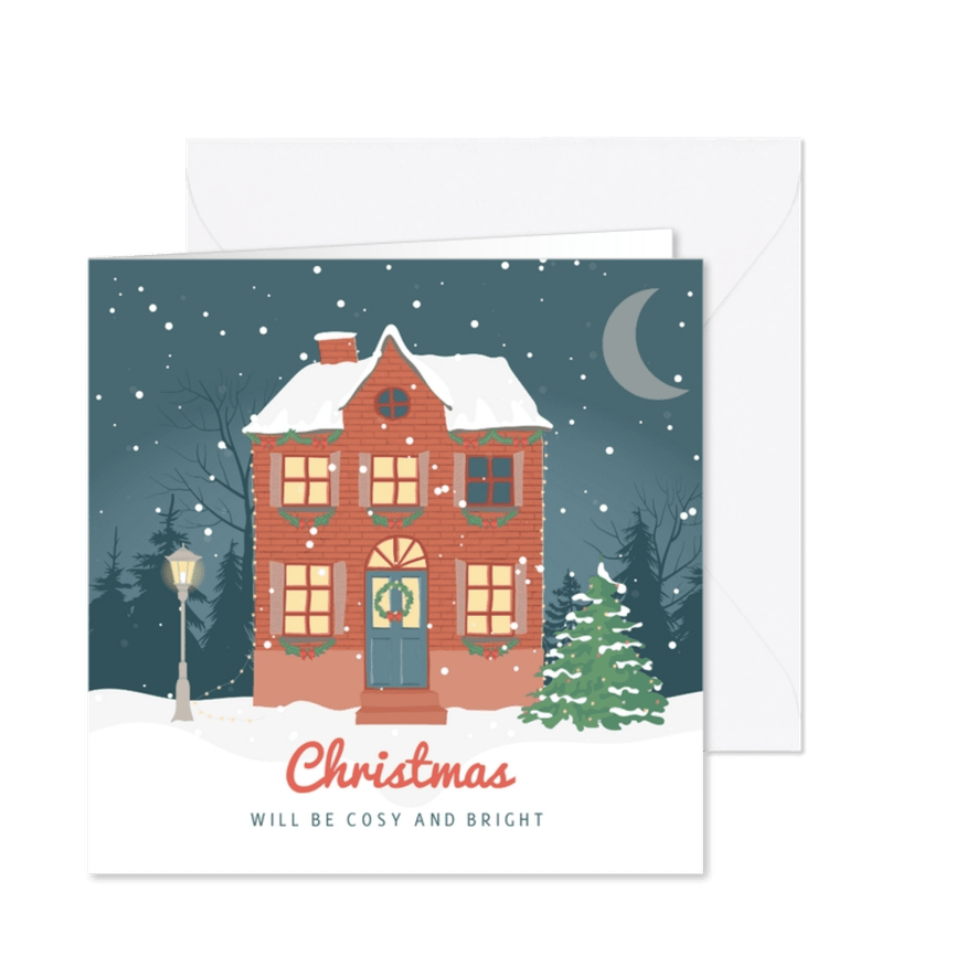 Knusse kerstkaart met illustratie van een versierd huis - Kaartimpressie