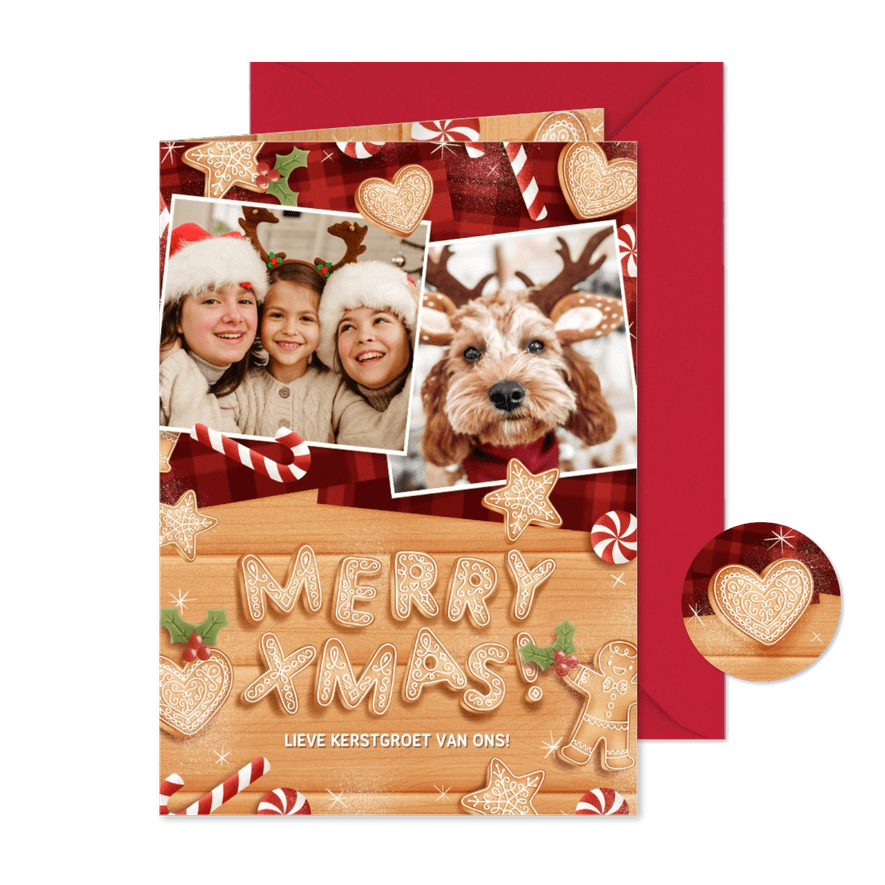 Knusse kerstkaart met kerstkoekjes zuurstok en merry xmas - Kaartimpressie