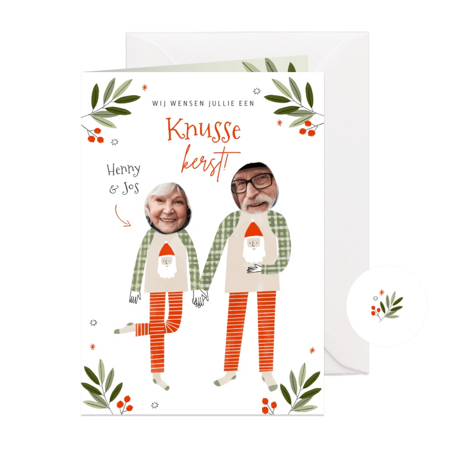 Knusse kerstkaart stel in pyjama met foto en bladeren - Kaartimpressie