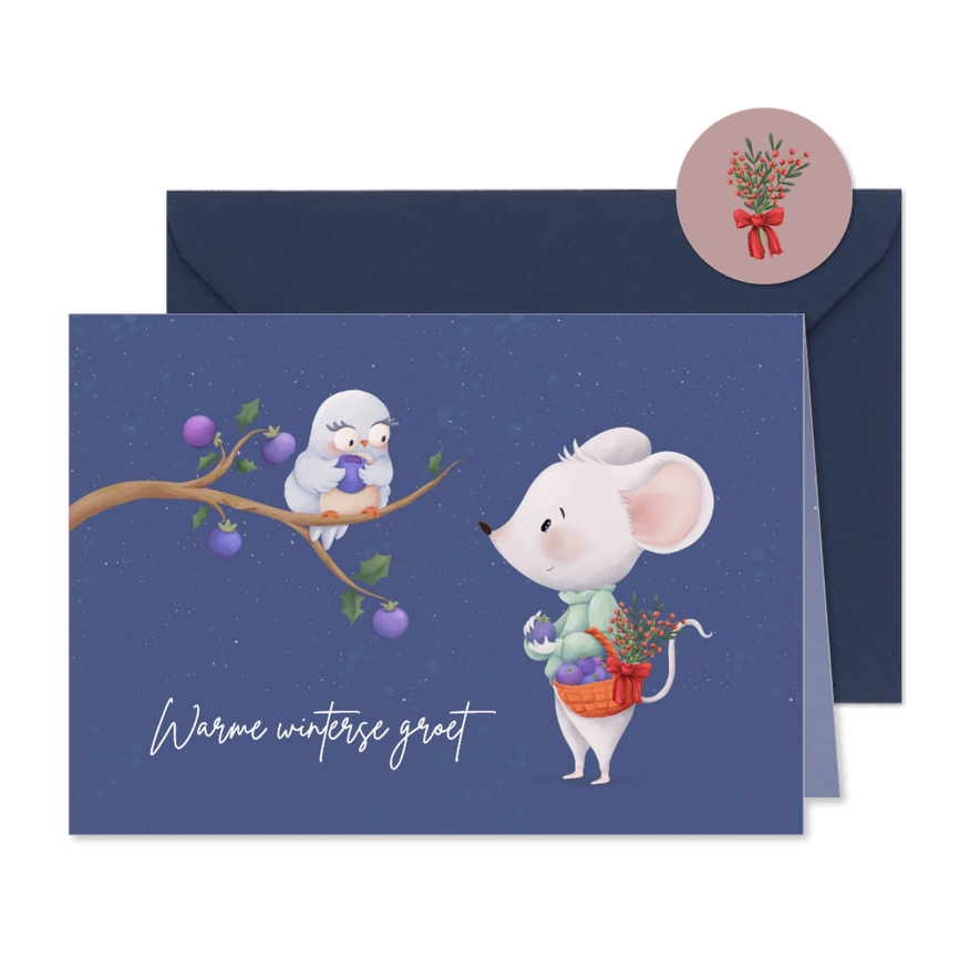 Knusse winterkaart met muis en uil - Kaartimpressie