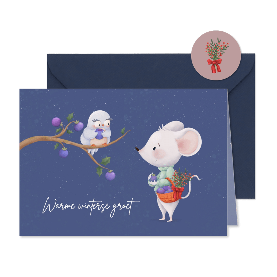 Knusse winterkaart met muis en uil - Kaartimpressie