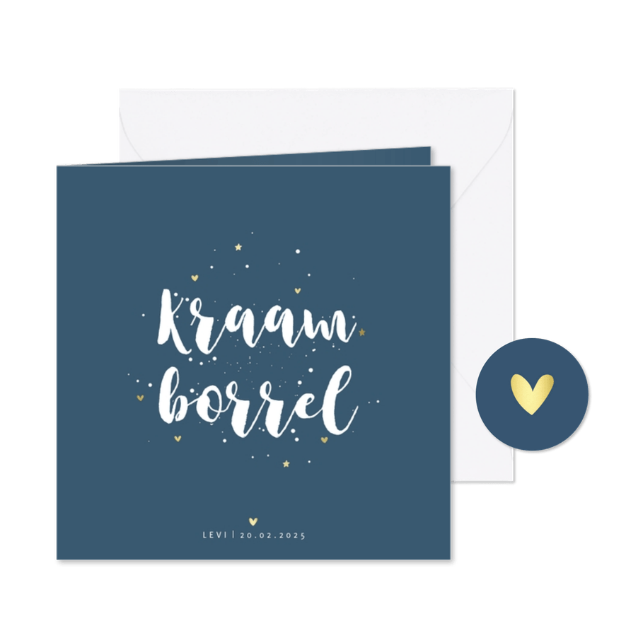 Kraamborrel simpel met goudlook hartjes en sterretjes - Kaartimpressie