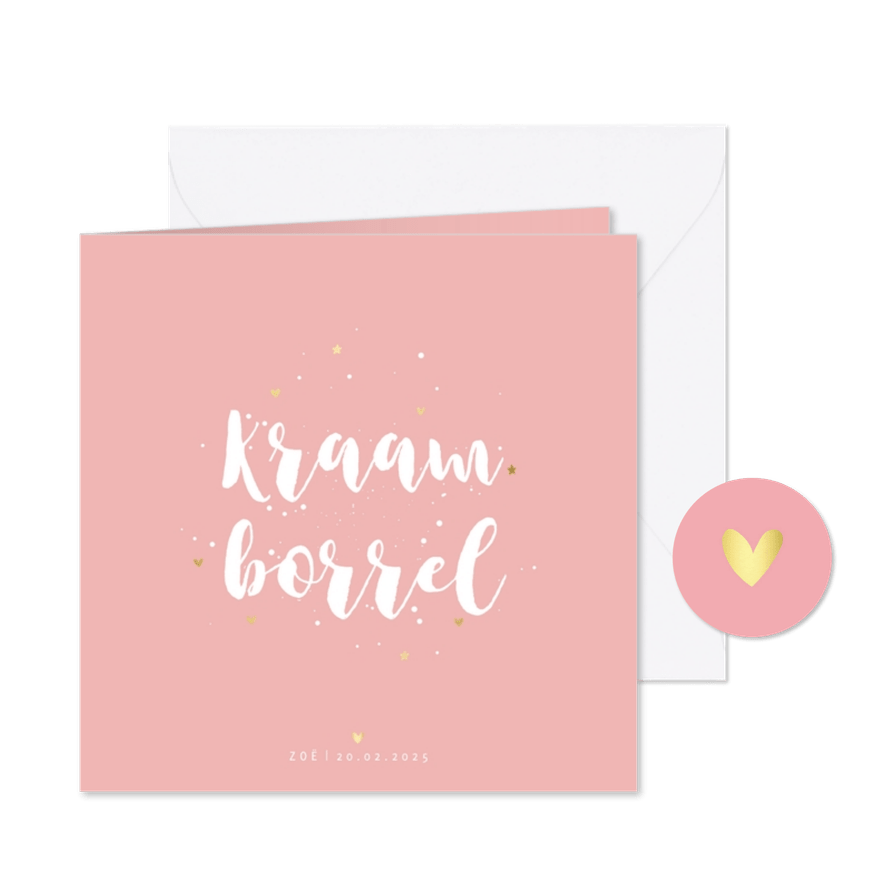 Kraamborrel simpel met goudlook sterretjes en hartjes - Kaartimpressie