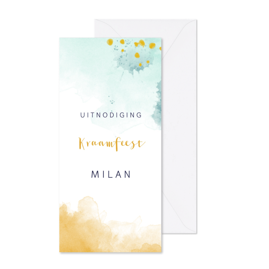 Kraamfeest jongen waterverf blauw en oker geel - Kaartimpressie