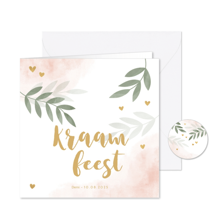 Kraamfeest roze waterverf takjes gouden hartjes - Kaartimpressie