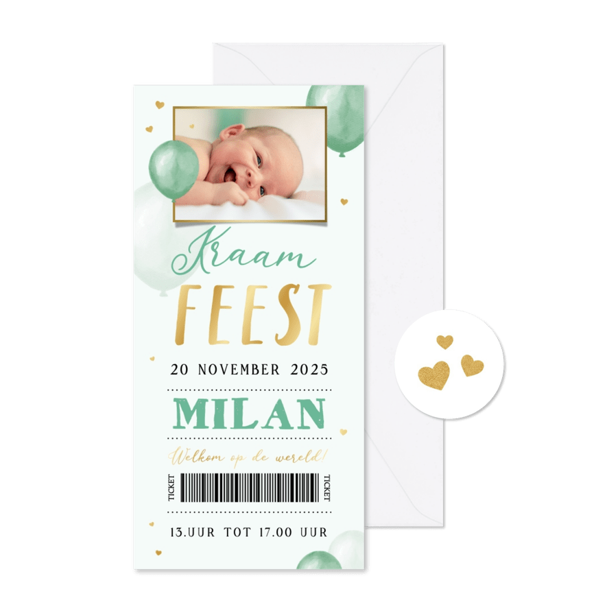 Kraamfeest uitnodiging ballonnen hartjes ticket unisex goud - Kaartimpressie