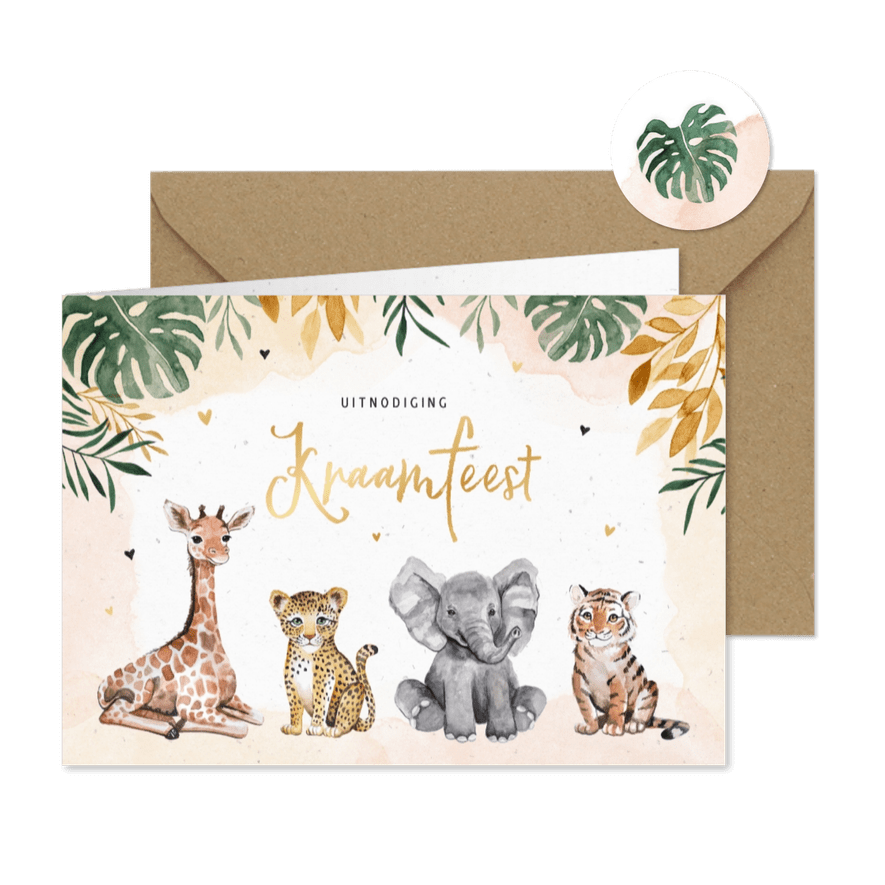 Kraamfeest uitnodiging dieren jungle giraf olifant tijger - Kaartimpressie