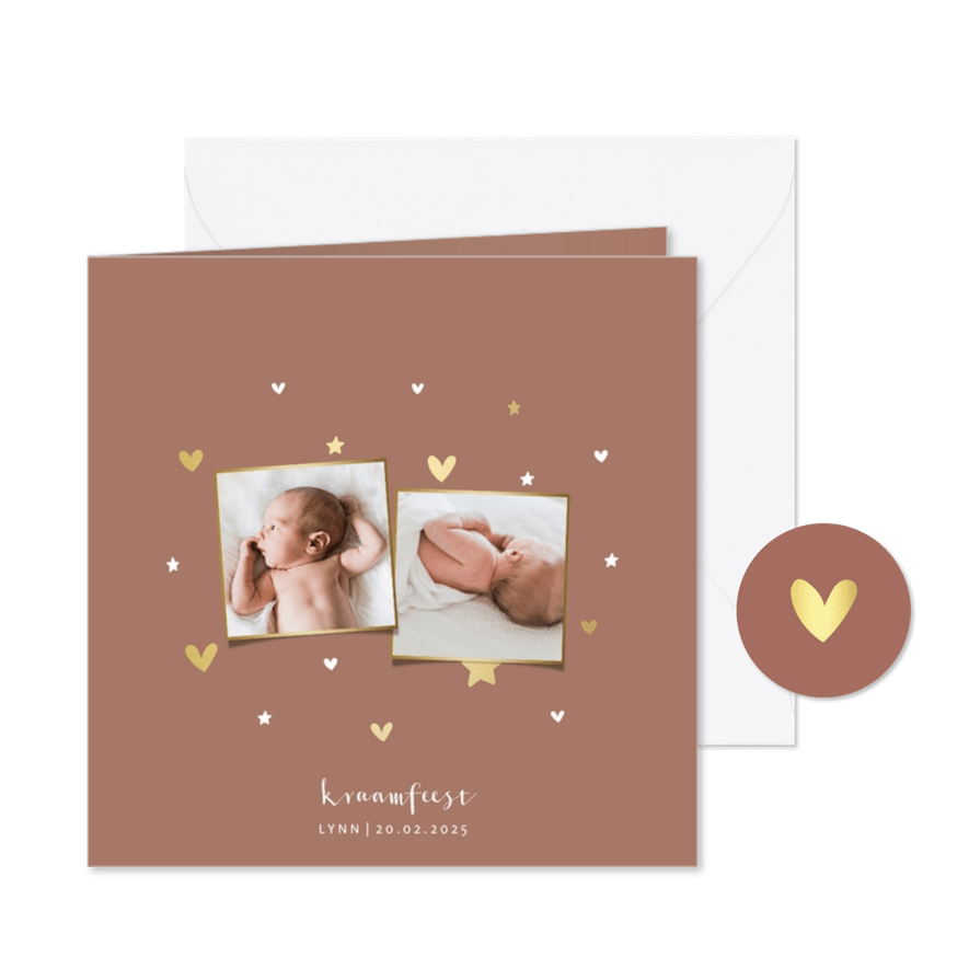 Kraamfeest uitnodiging foto gouden sterren en hartjes - Kaartimpressie