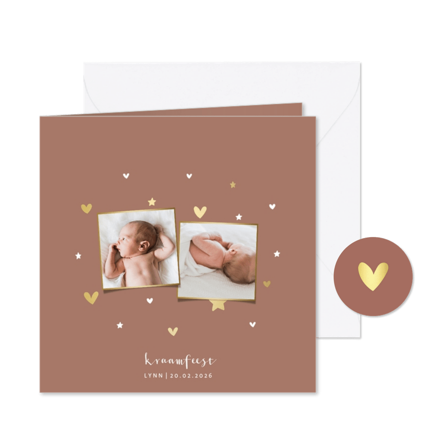 Kraamfeest uitnodiging foto gouden sterren en hartjes - Kaartimpressie