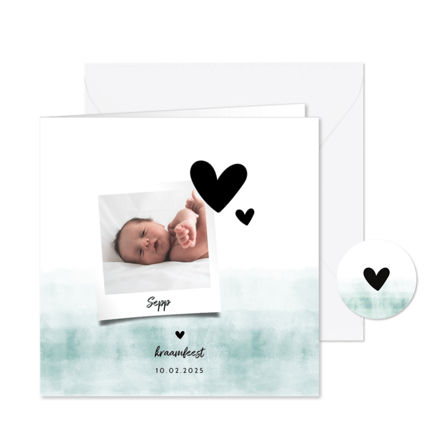 Kraamfeest uitnodiging foto stoer blauwgroene waterverf - Kaartimpressie