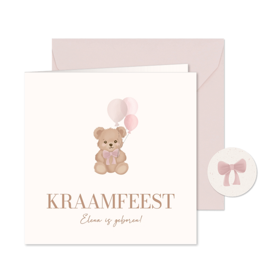 Kraamfeest uitnodiging meisje met teddybeertje en ballonnen - Kaartimpressie