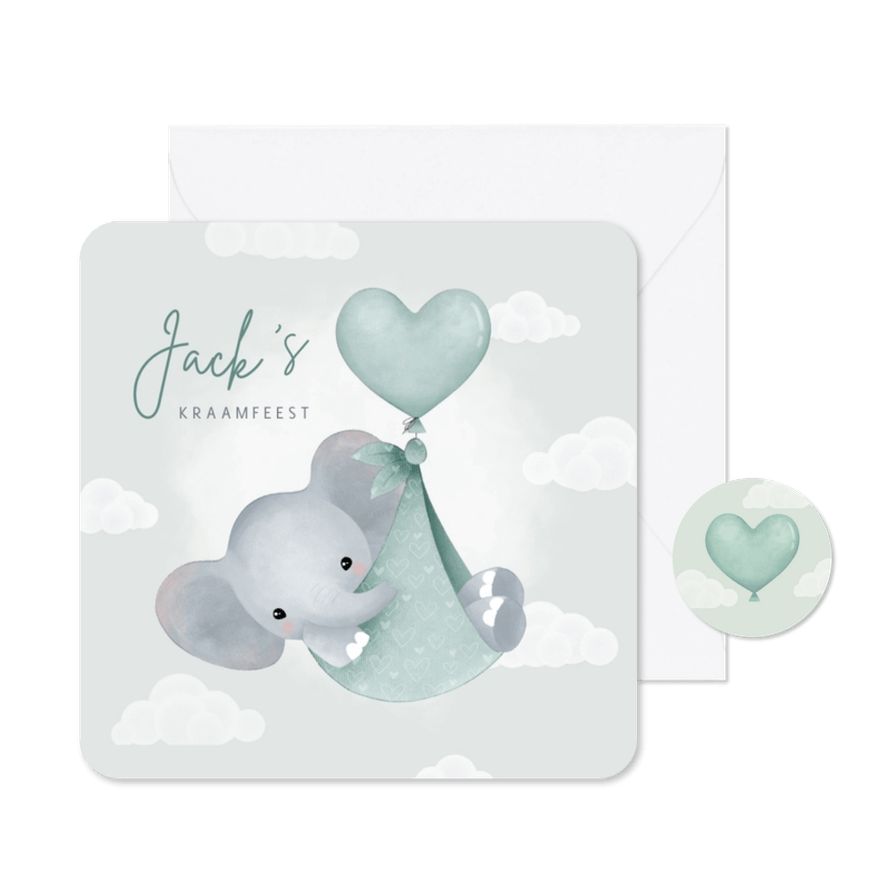 Kraamfeest uitnodiging olifantje in draagzak ballon - Kaartimpressie