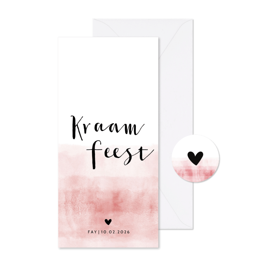Kraamfeest uitnodiging stoer roze waterverf - Kaartimpressie