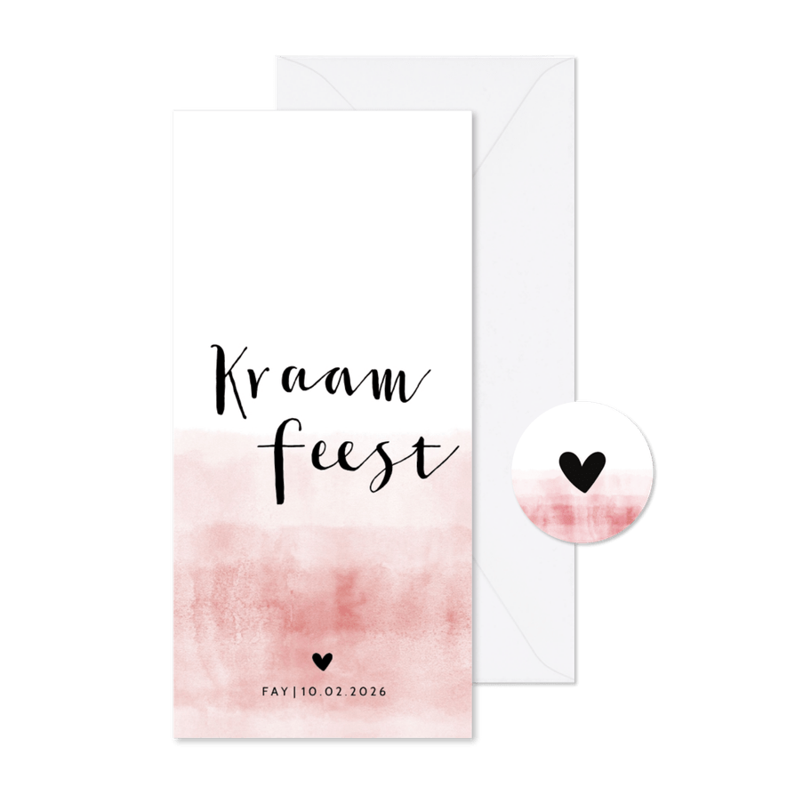 Kraamfeest uitnodiging stoer roze waterverf - Kaartimpressie