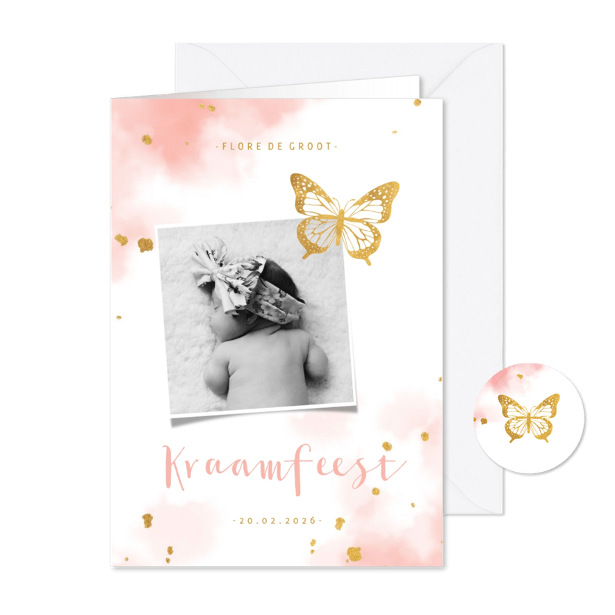 Kraamfeest uitnodiging vlinder goud met waterverf - Kaartimpressie