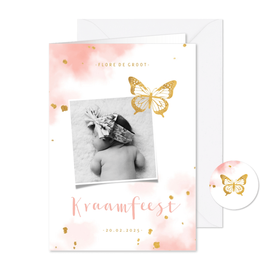Kraamfeest uitnodiging vlinder goud met waterverf - Kaartimpressie