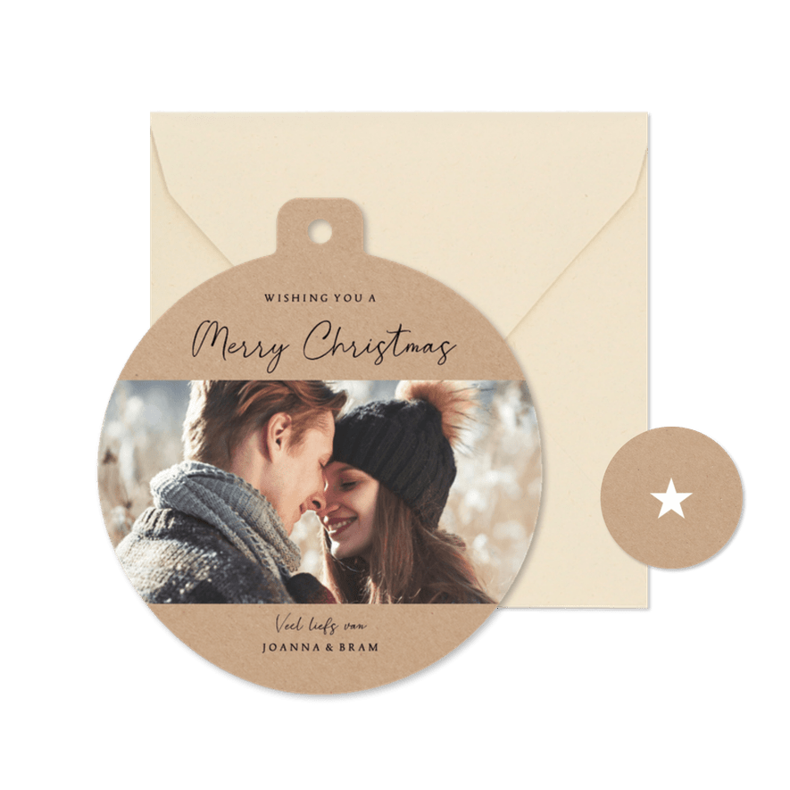 Kraft kerstkaart in kerstbal vorm met grote foto - Kaartimpressie