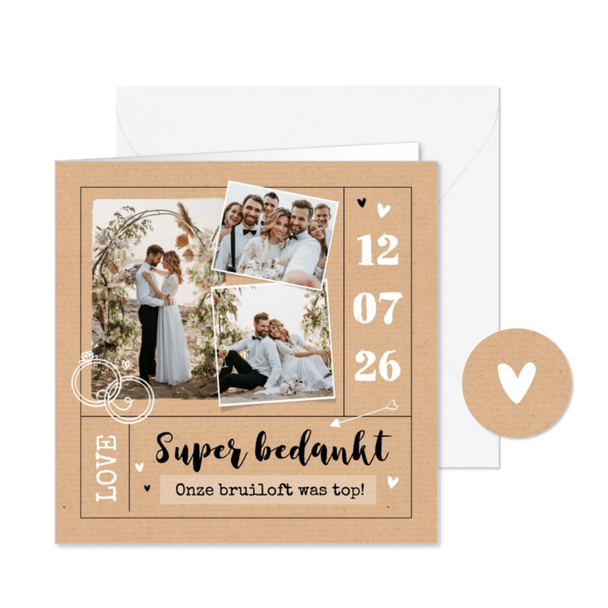 Kraftlook bedankkaart trouwen foto hartjes - Kaartimpressie