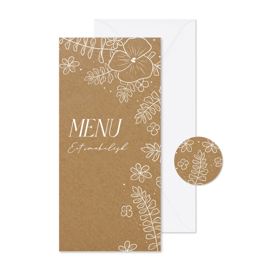 Kraftlook menukaart voor een huwelijk met witte bloemen - Kaartimpressie