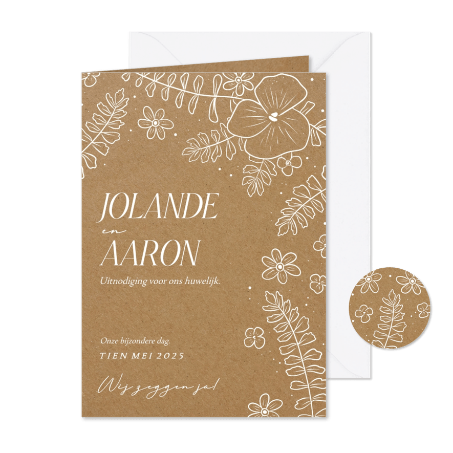 Kraftlook trouwkaart met witte lijnillustraties van bloemen - Kaartimpressie