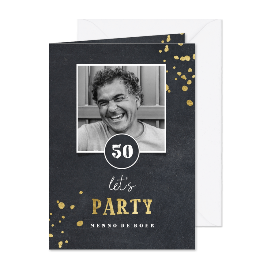 Krijtbord uitnodiging gouden stippen - Kaartimpressie