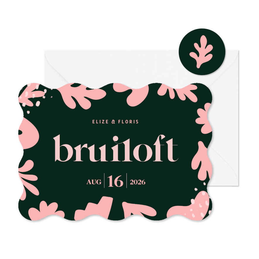 Kunstzinnige trouwkaart met golvende rand groen met roze - Kaartimpressie