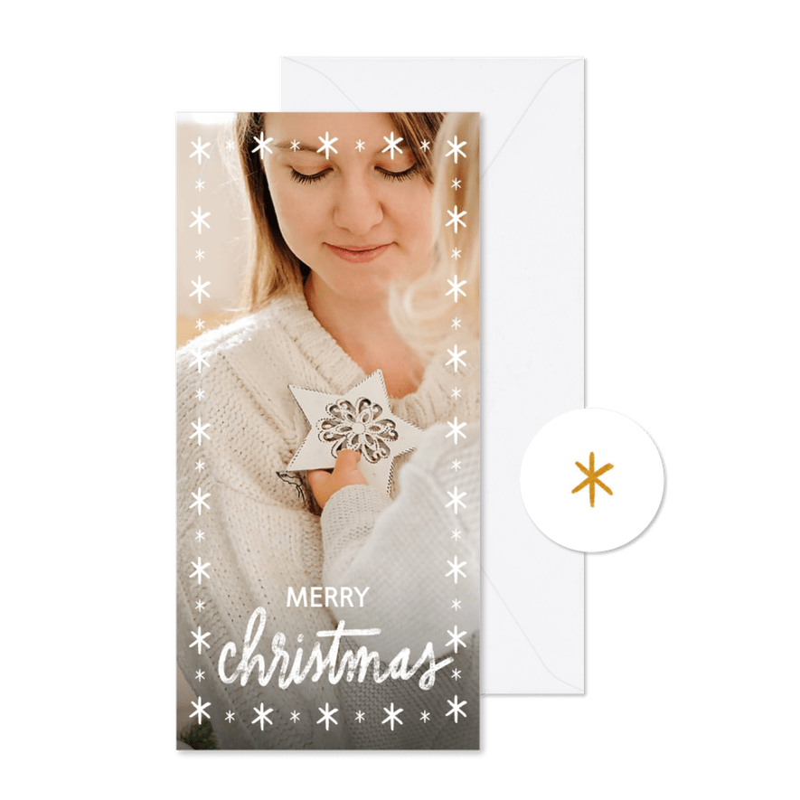 Lange kerstkaart met grote foto, sterren en merry christmas - Kaartimpressie
