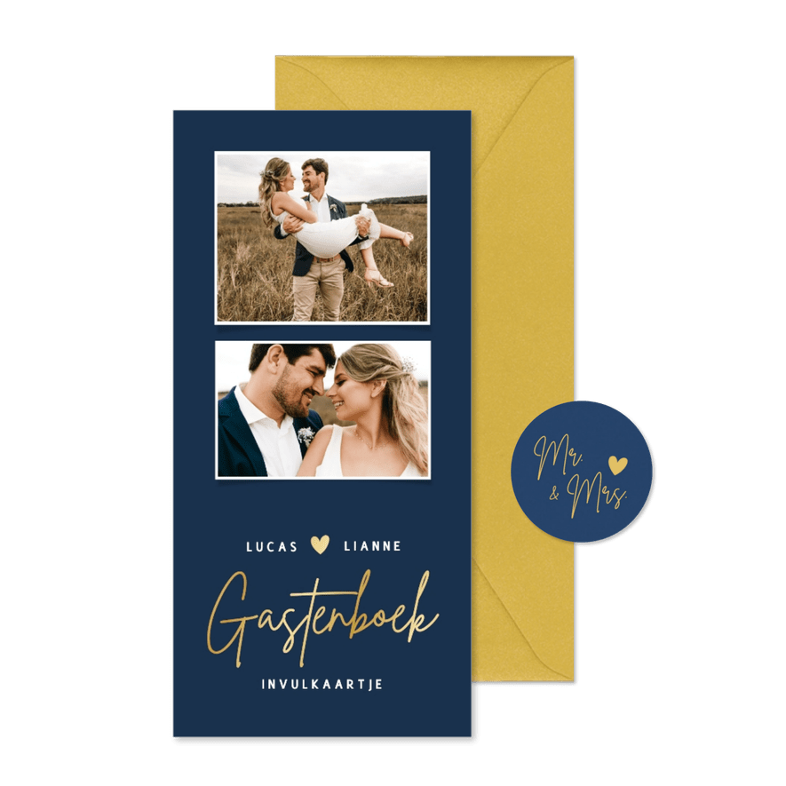 Langwerpig gastenboek invulkaartje voor een bruiloft  - Kaartimpressie