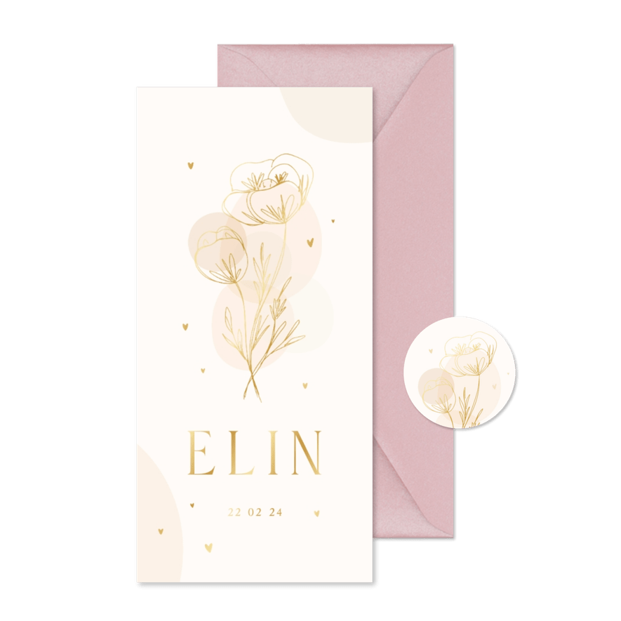 Langwerpig geboortekaartje foliedruk lijntekening bloemen - Kaartimpressie