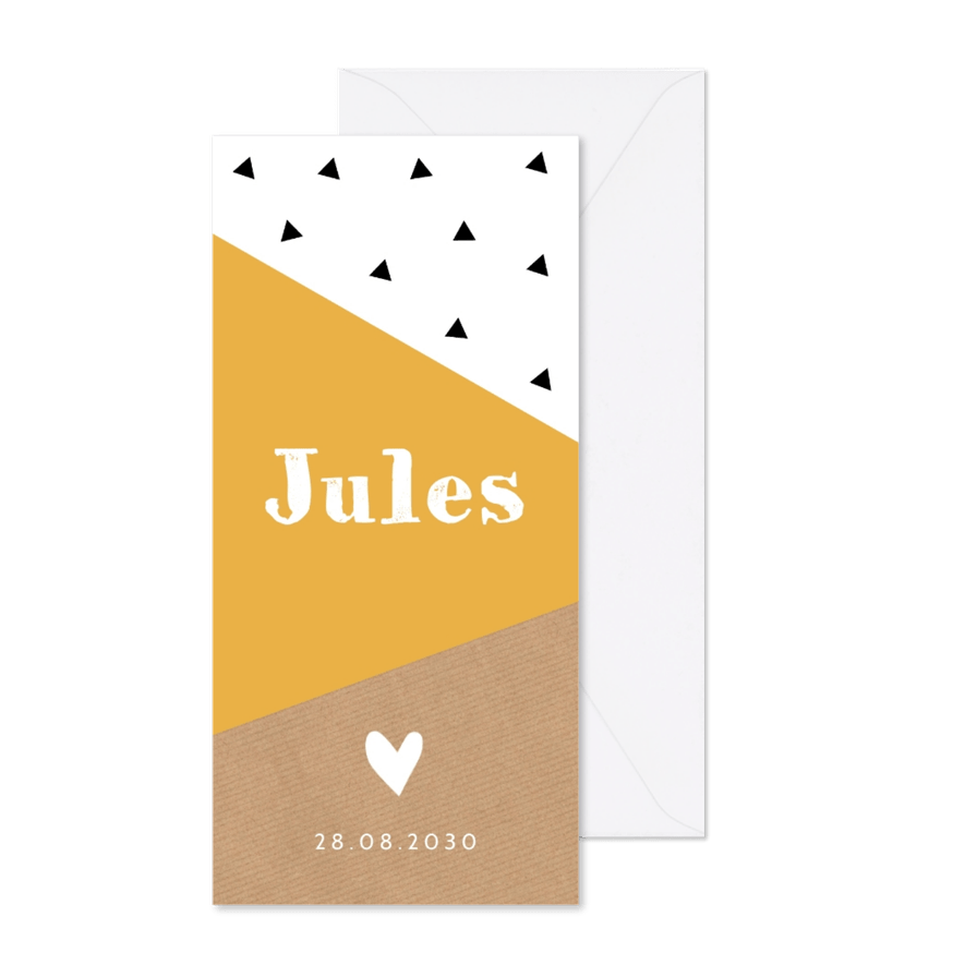 Langwerpig geboortekaartje geometrische vlakken okergeel - Kaartimpressie
