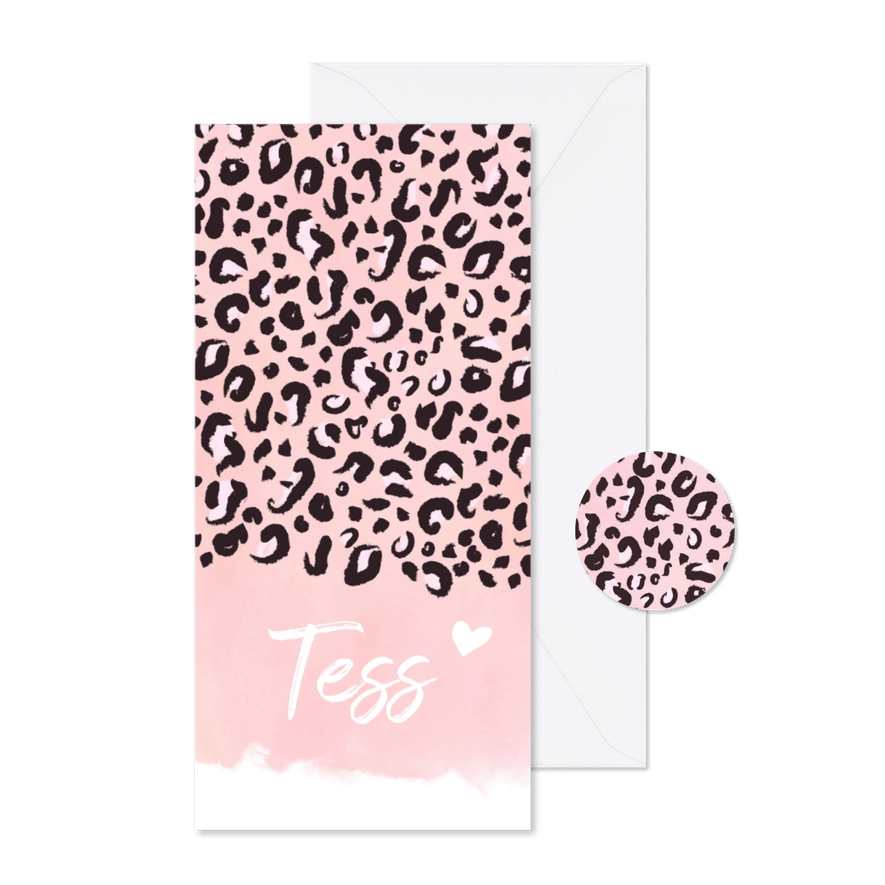 Langwerpig geboortekaartje meisje met roze luipaard print - Kaartimpressie