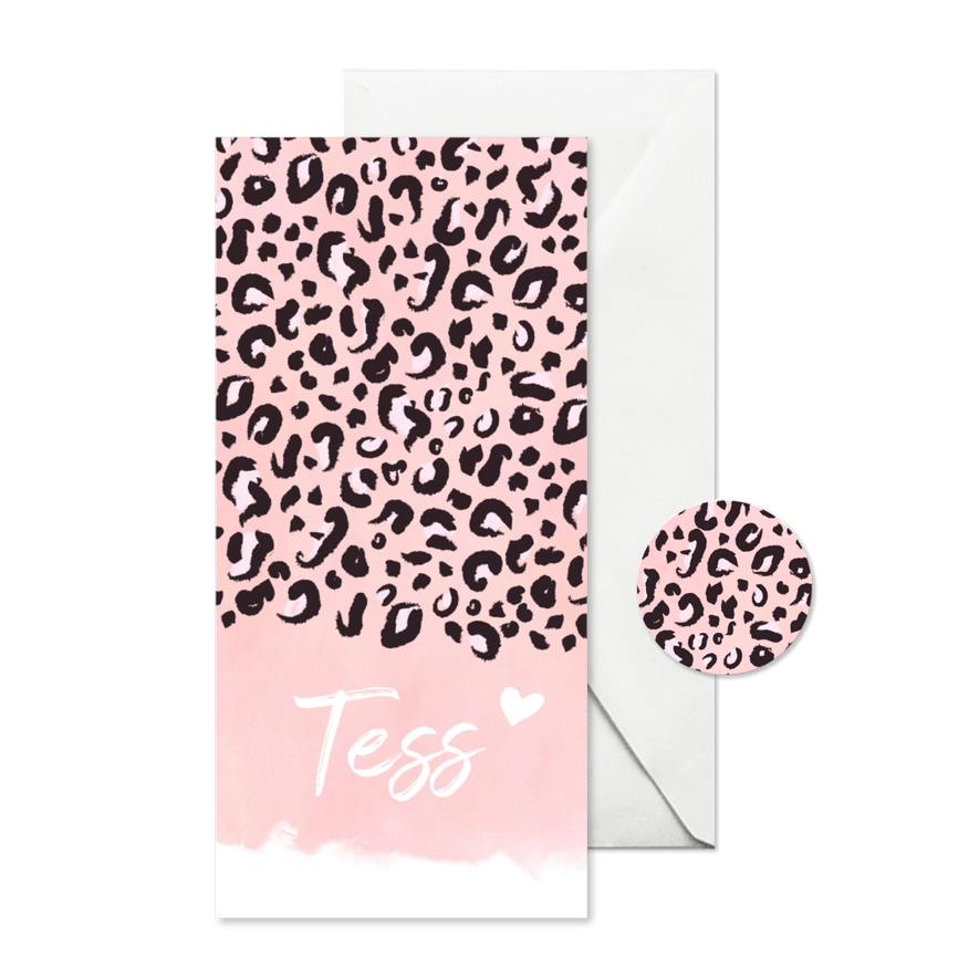 Langwerpig geboortekaartje meisje met roze luipaard print - Kaartimpressie