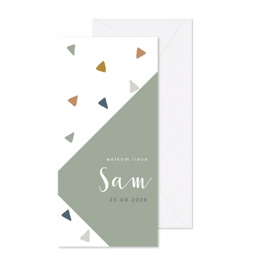Langwerpig geboortekaartje met driehoekjes en groen vlak - Kaartimpressie