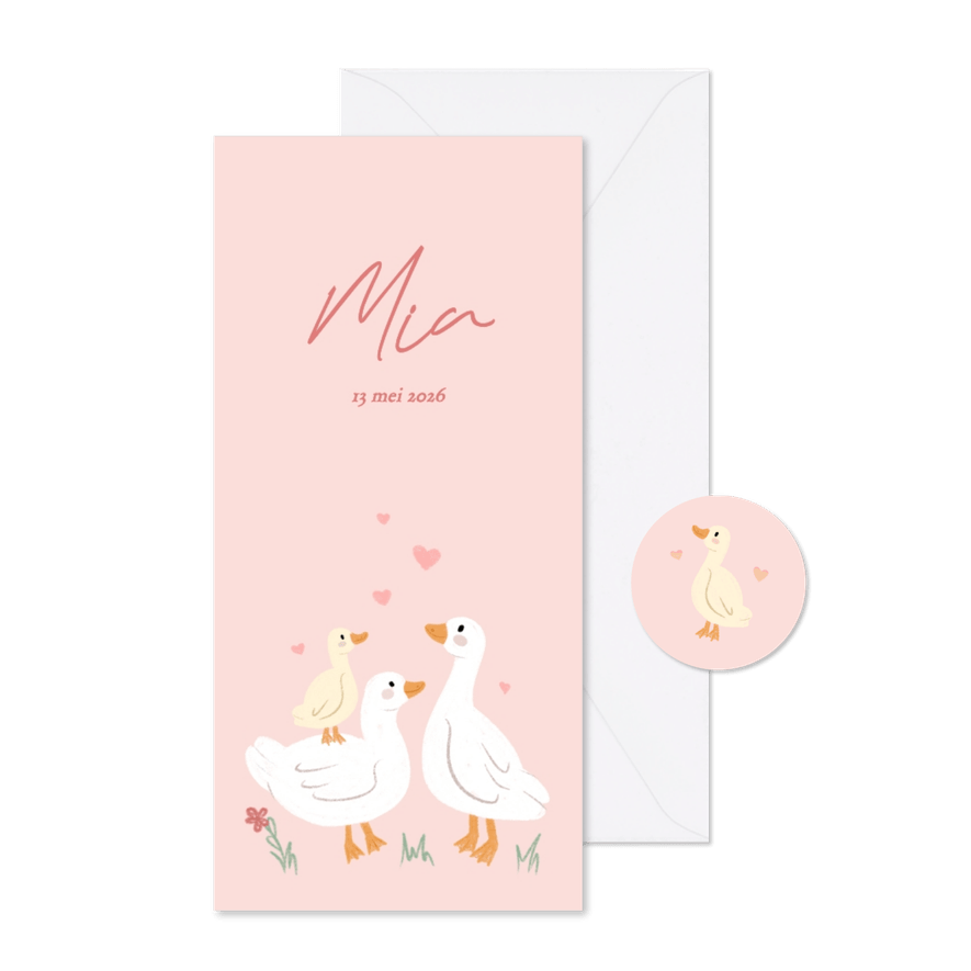 Langwerpig geboortekaartje met schattige eendjes roze - Kaartimpressie