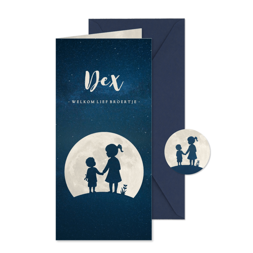 Langwerpig geboortekaartje met silhouet zus en broertje - Kaartimpressie
