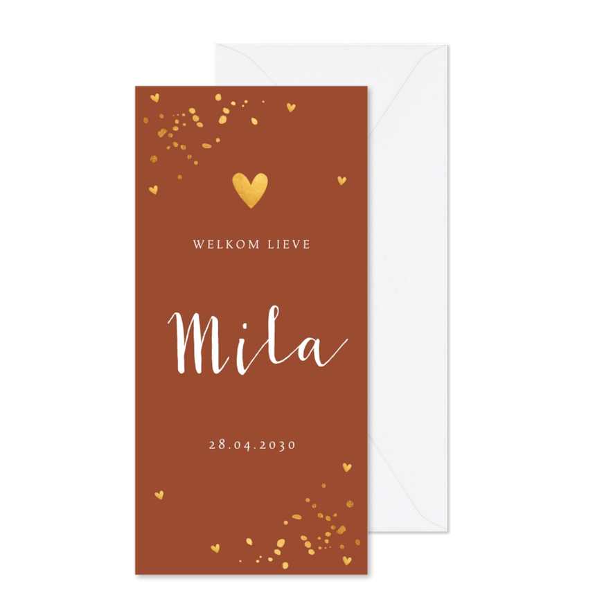 Langwerpig geboortekaartje roestbruin confetti goudlook - Kaartimpressie