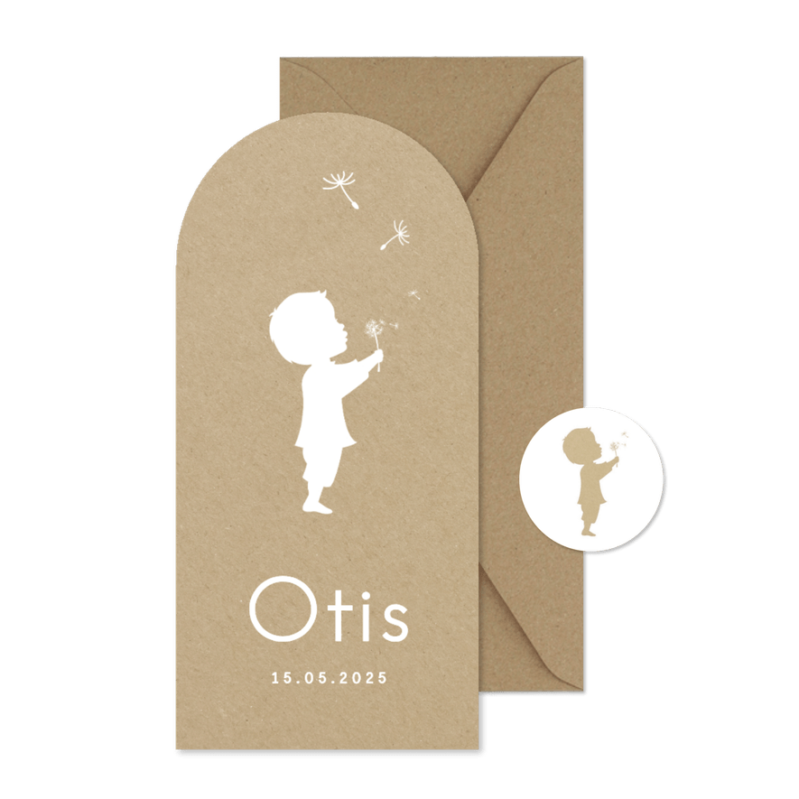 Langwerpig kraft geboortekaartje jongen boog paardenbloem  - Kaartimpressie