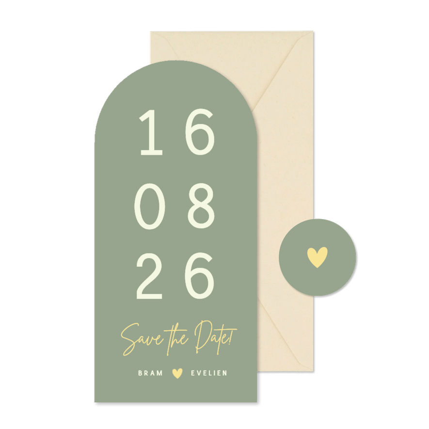 Langwerpig minimalistisch boog kaartje met grote trouwdatum  - Kaartimpressie