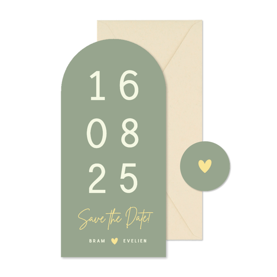 Langwerpig minimalistisch boog kaartje met grote trouwdatum  - Kaartimpressie