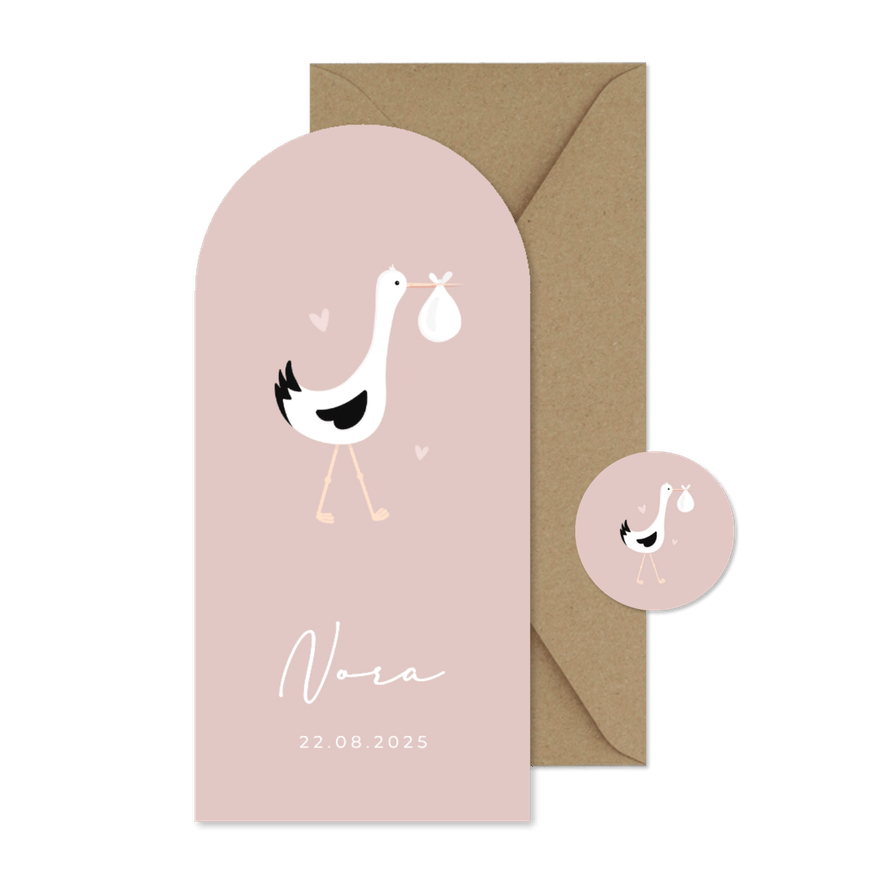 Langwerpig ooievaar geboortekaartje met boog - meisje - Kaartimpressie