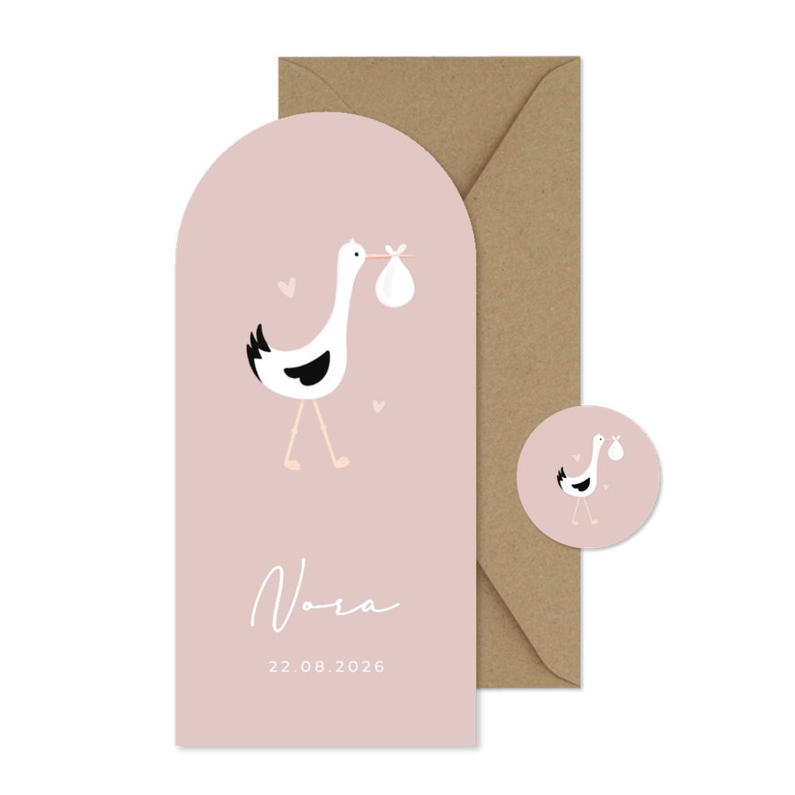 Langwerpig ooievaar geboortekaartje met boog - meisje  - Kaartimpressie