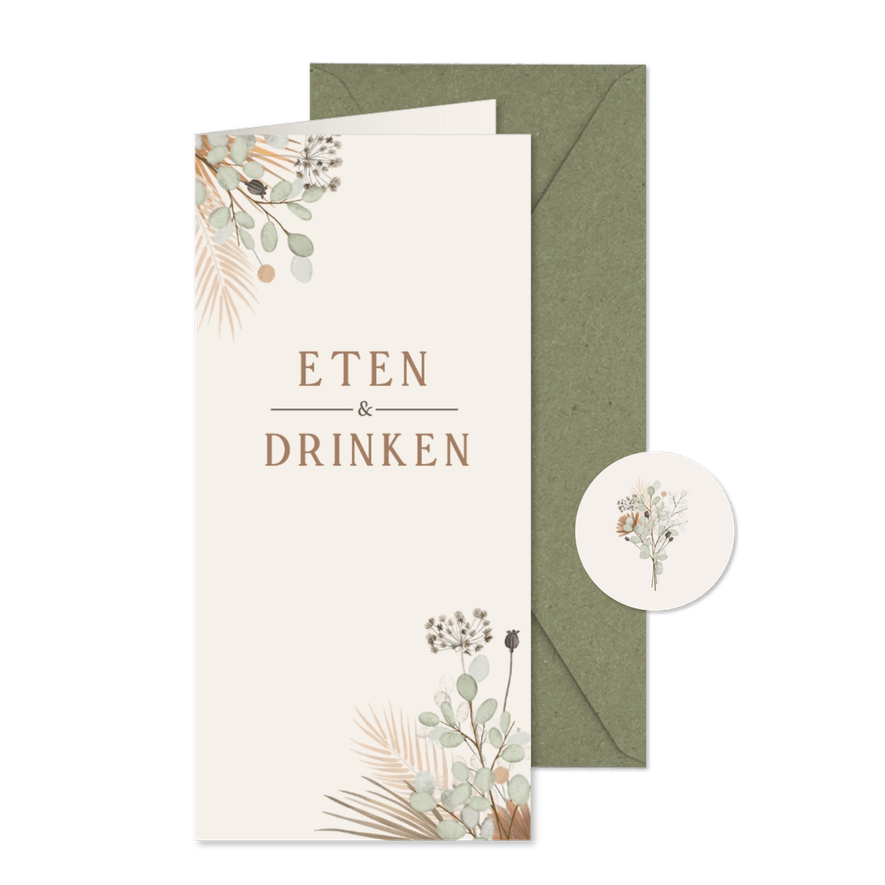 Langwerpige boho menukaart met illustraties van droogbloemen - Kaartimpressie