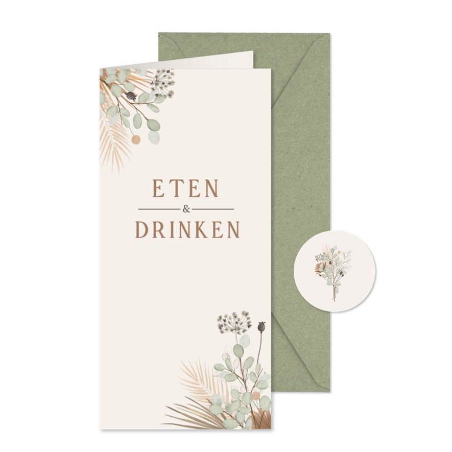 Langwerpige boho menukaart met illustraties van droogbloemen - Kaartimpressie