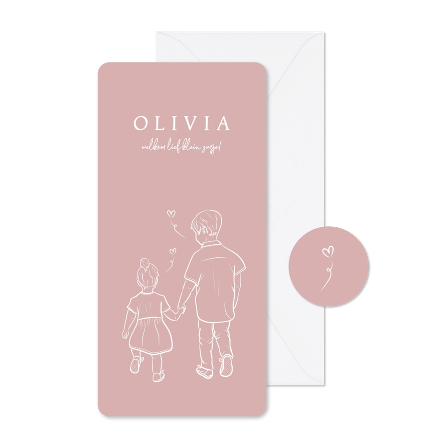 Langwerpige geboortekaartjes zusje met lijn illustratie roze - Kaartimpressie