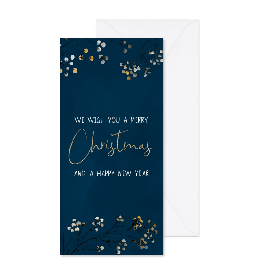 Langwerpige kerstkaart donkerblauw - Kaartimpressie