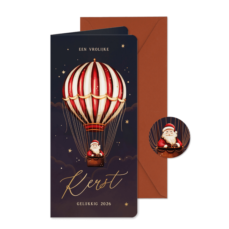 Langwerpige kerstkaart kerstman in een luchtballon - Kaartimpressie