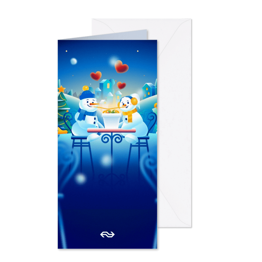 Langwerpige kerstkaart met sneeuwpoppen NS - Kaartimpressie