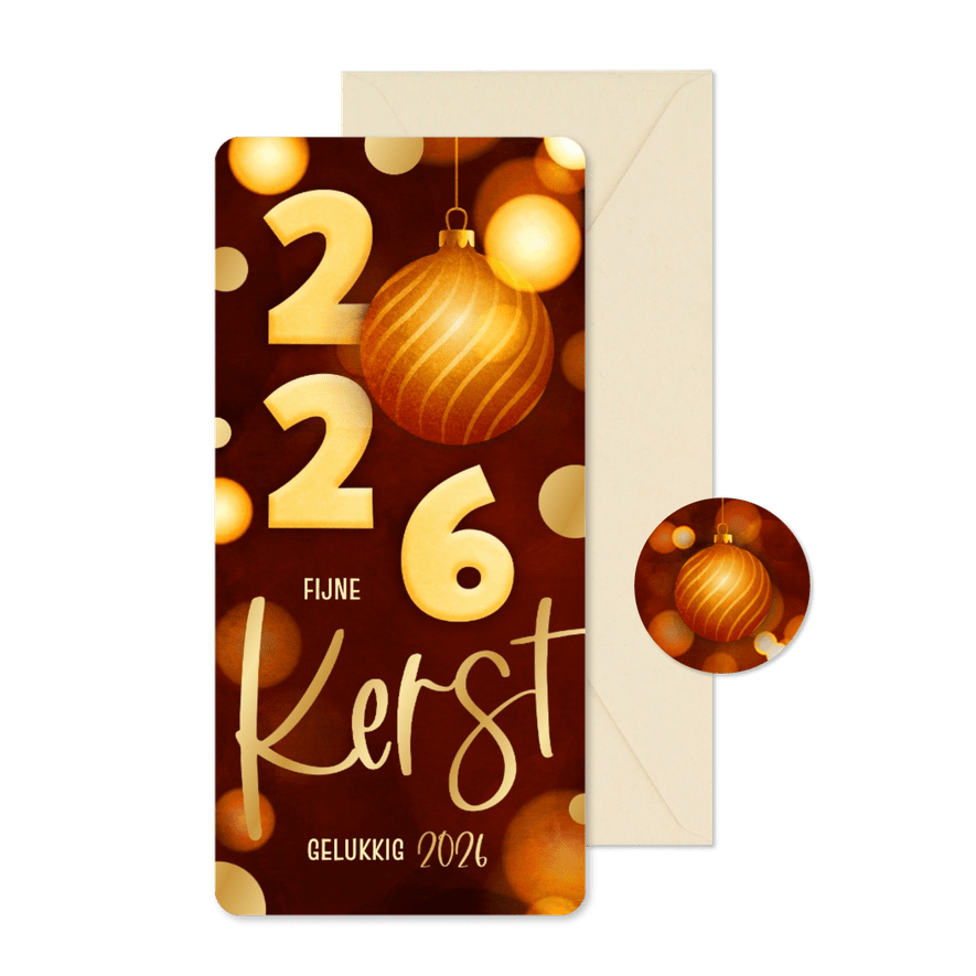 Langwerpige kerstkaart modern rood 2026 kerstbal goud - Kaartimpressie